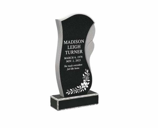Modern Wave-Shape Upright Granite Headstone with Floral Design - Image 1