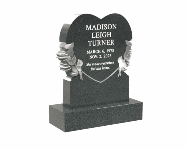 Heart-Shaped Upright Granite Headstone with Carved Roses - Image 1