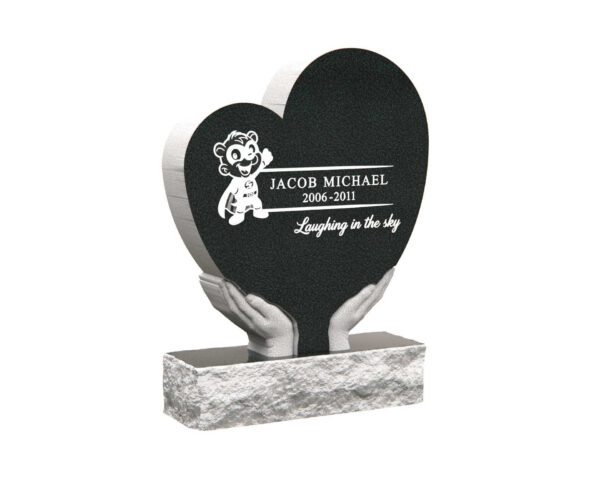 Children’s Heart Upright Granite Headstone with Hands Design - Image 1