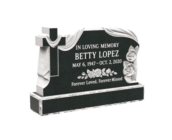 Christian Upright Granite Headstone with Draped Cross and Roses - Image 1