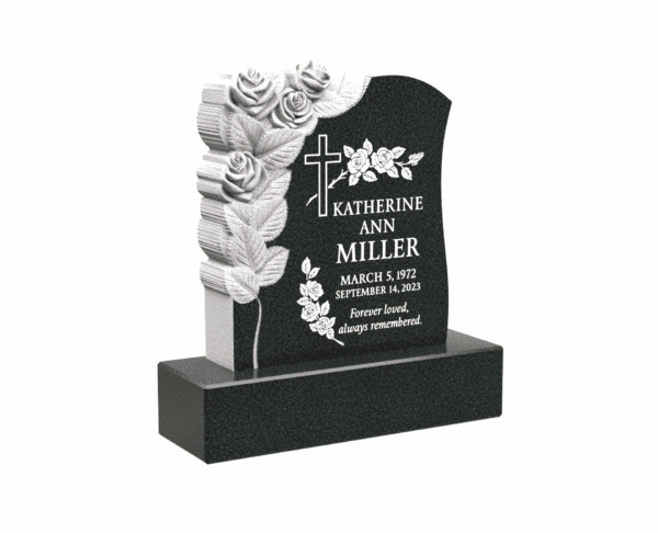 Single Upright Granite Headstone with Carved Roses and Cross - Image 1