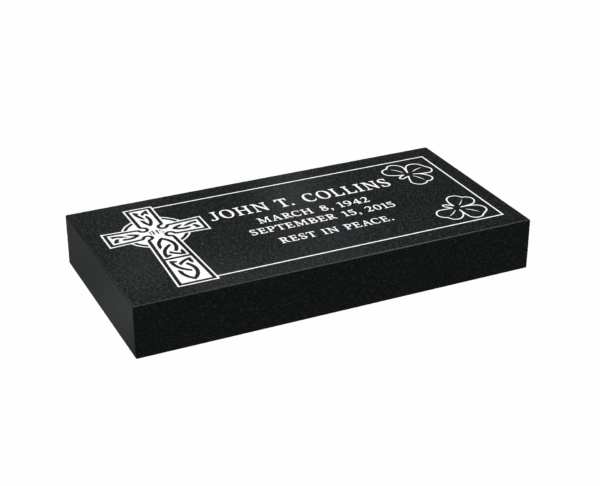 Flat Granite Grave Marker with Celtic Cross and Shamrocks - Image 1