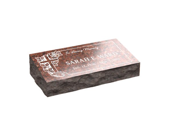 Bevel Granite Grave Marker with Cross and Rose Border - Image 1