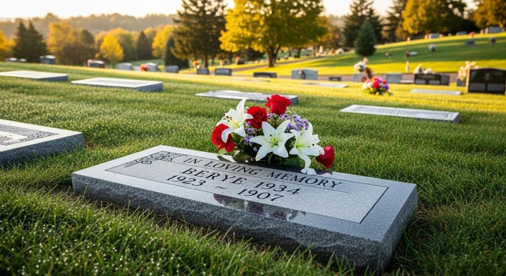 Headstone Flower Saddle: A Tutorial in Seven Steps 4 Granite flat marker in a peaceful cemetery, showing an affordable, lasting memorial option