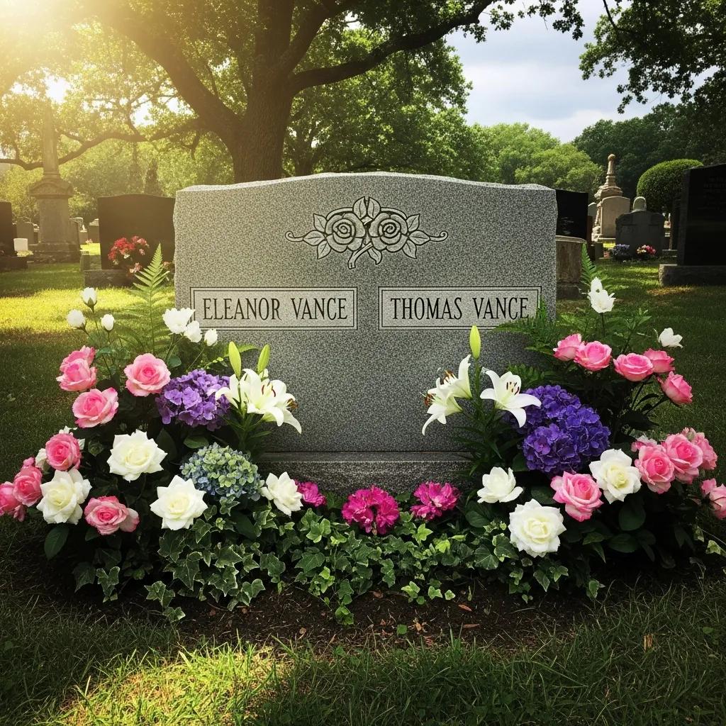 Choosing a Headstone for Cremation 2 A companion memorial and bench surrounded by flowers, creating a shared place of remembrance
