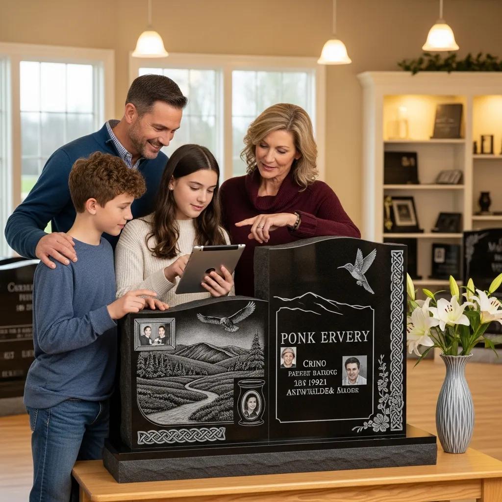 Companion Headstones Explained 3 Family reviewing personalization choices for a companion headstone