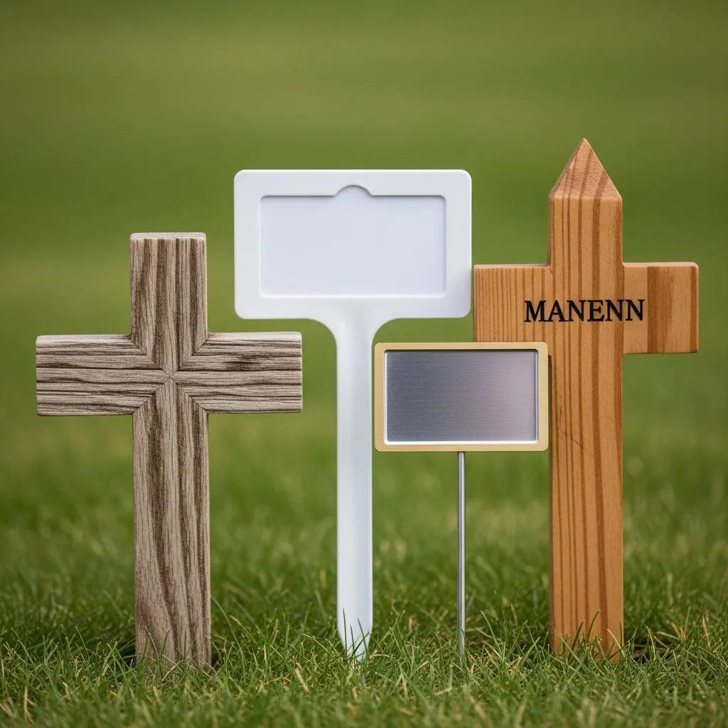 Temporary Grave Markers Explained 2 Selection of temporary markers made from wood, plastic, and metal, illustrating common material choices