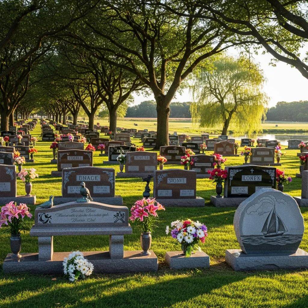 A Field Guide to Military Headstones: Deciphering the Language of the Stones 4 Diverse grave markers in a tranquil cemetery setting, showcasing the importance of memorialization