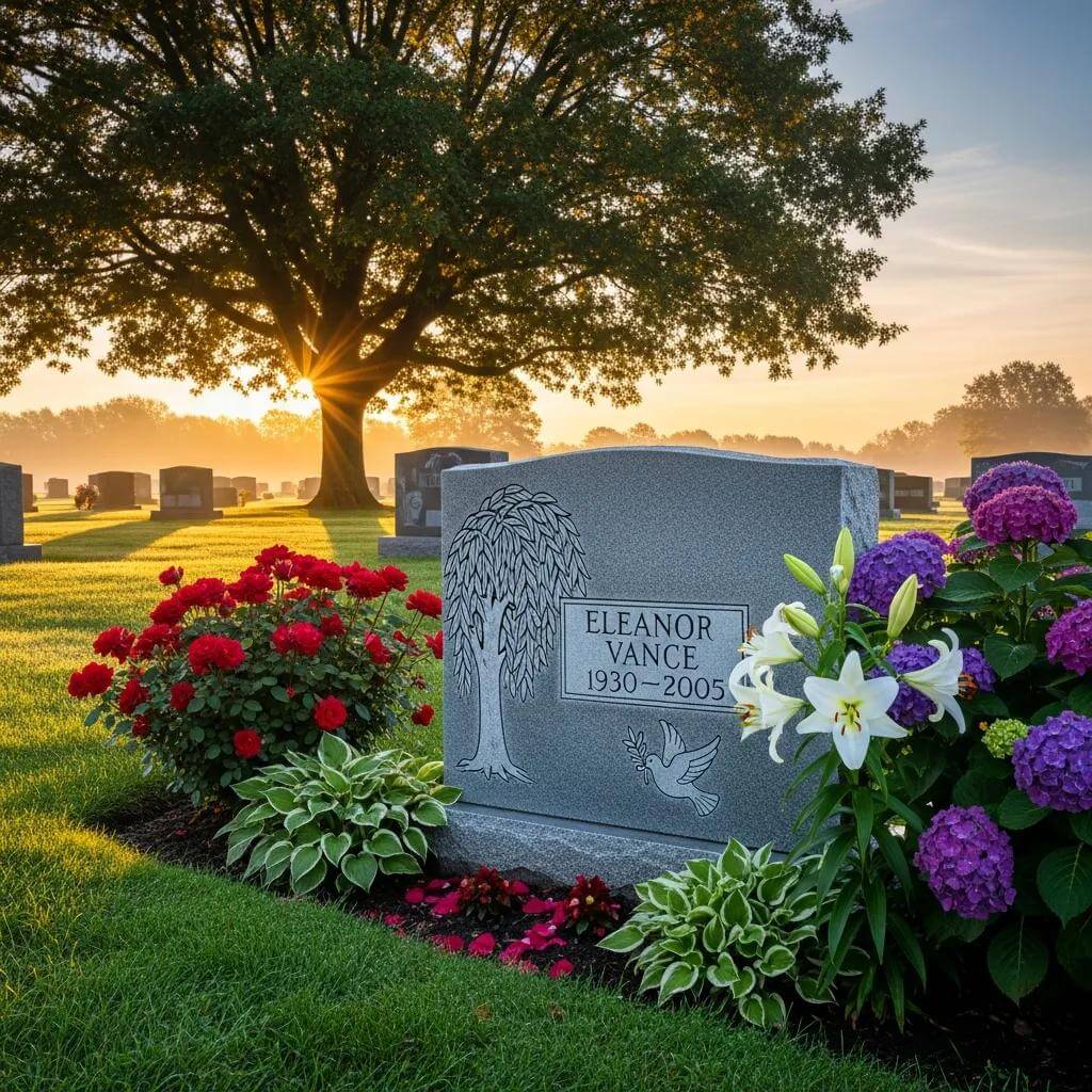 Elegant headstone in a serene cemetery setting surrounded by flowers and greenery