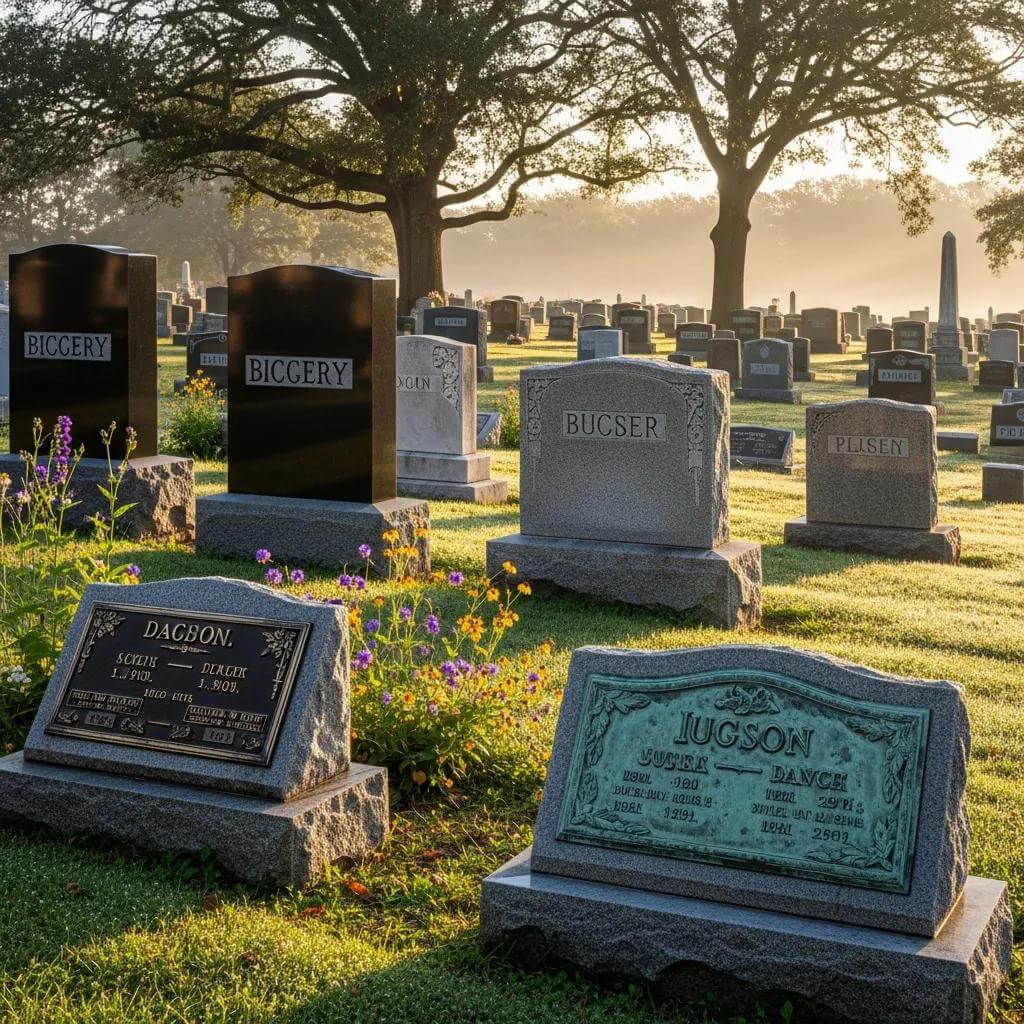 Diverse grave markers in a peaceful cemetery setting, highlighting granite, bronze, and marble materials