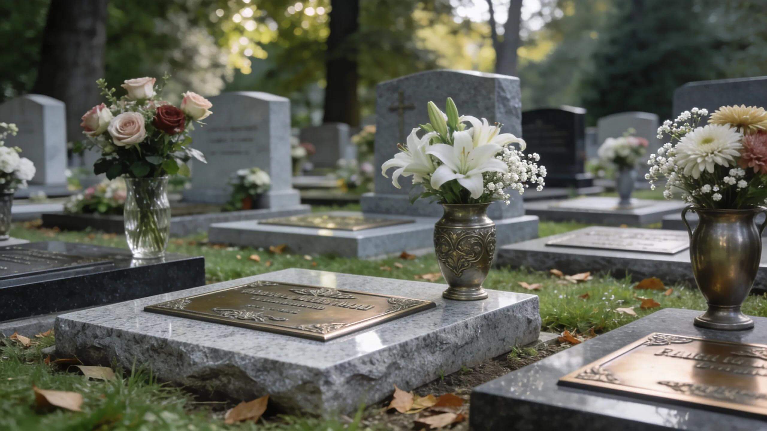 Custom grave markers in a cemetery with floral decorations, symbolizing personalized memorial tributes