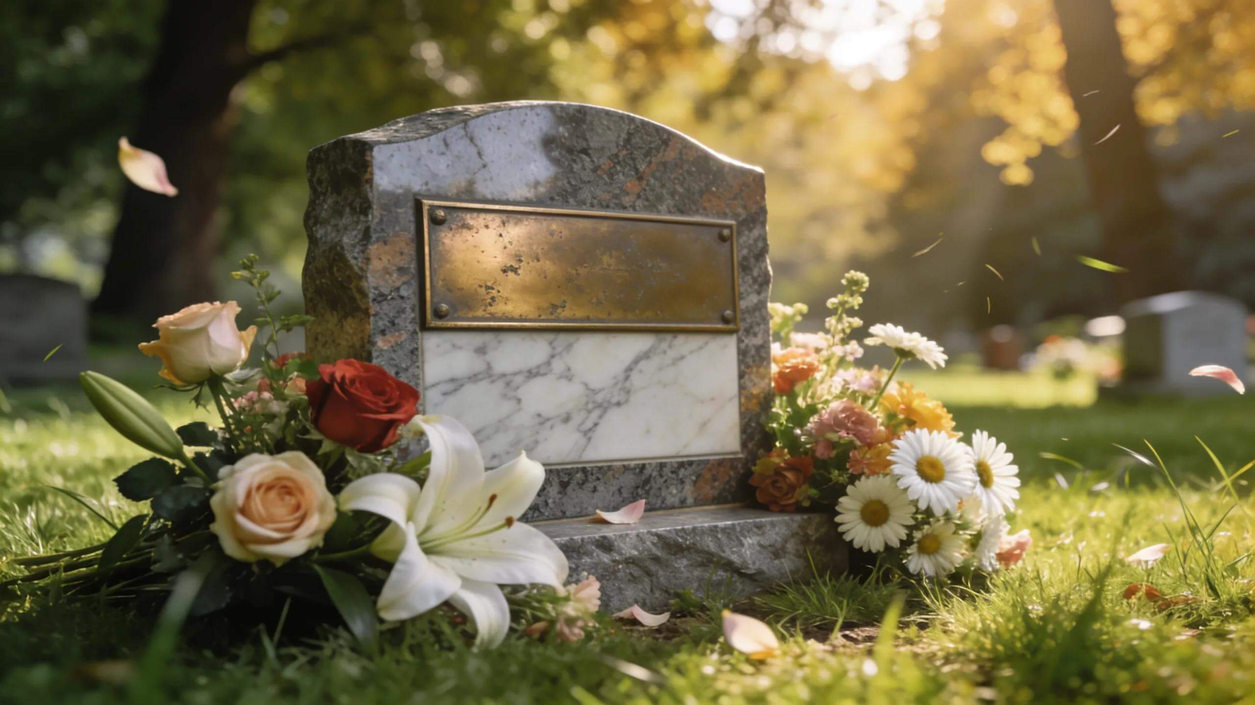 Grave markers made from granite, bronze, and marble in a serene outdoor cemetery setting