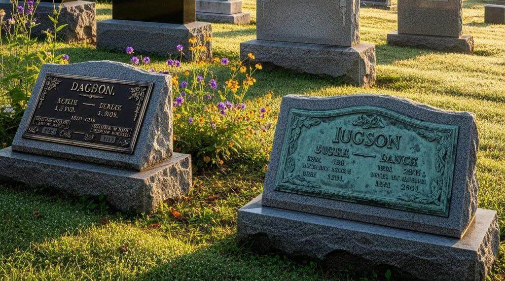 diverse grave markers in a peaceful cemetery setting highlighting granite bronze and marble materials 42bf9d5b 6e14 4fdf a929 a9a4baec0139